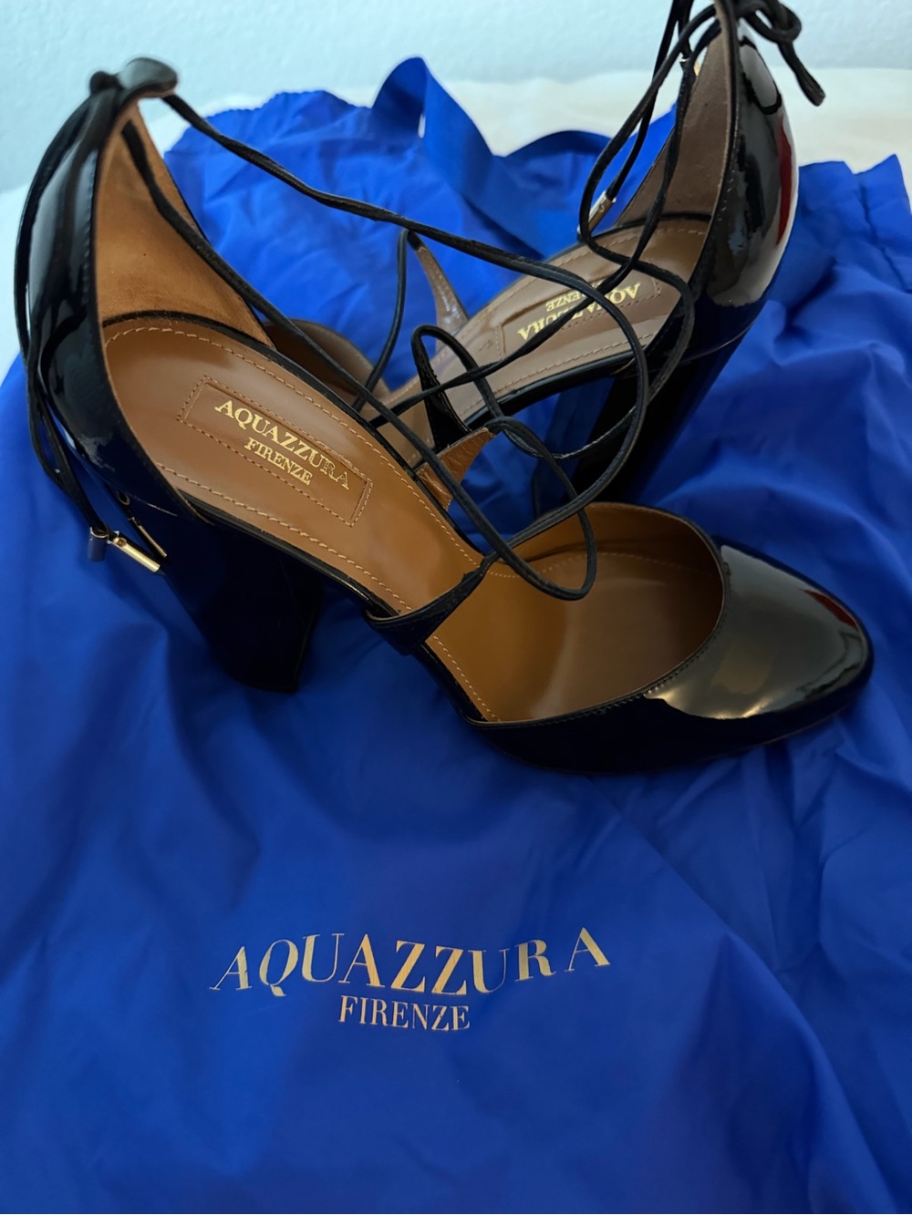 Aquazzura Black Patent Lace-Up Heels